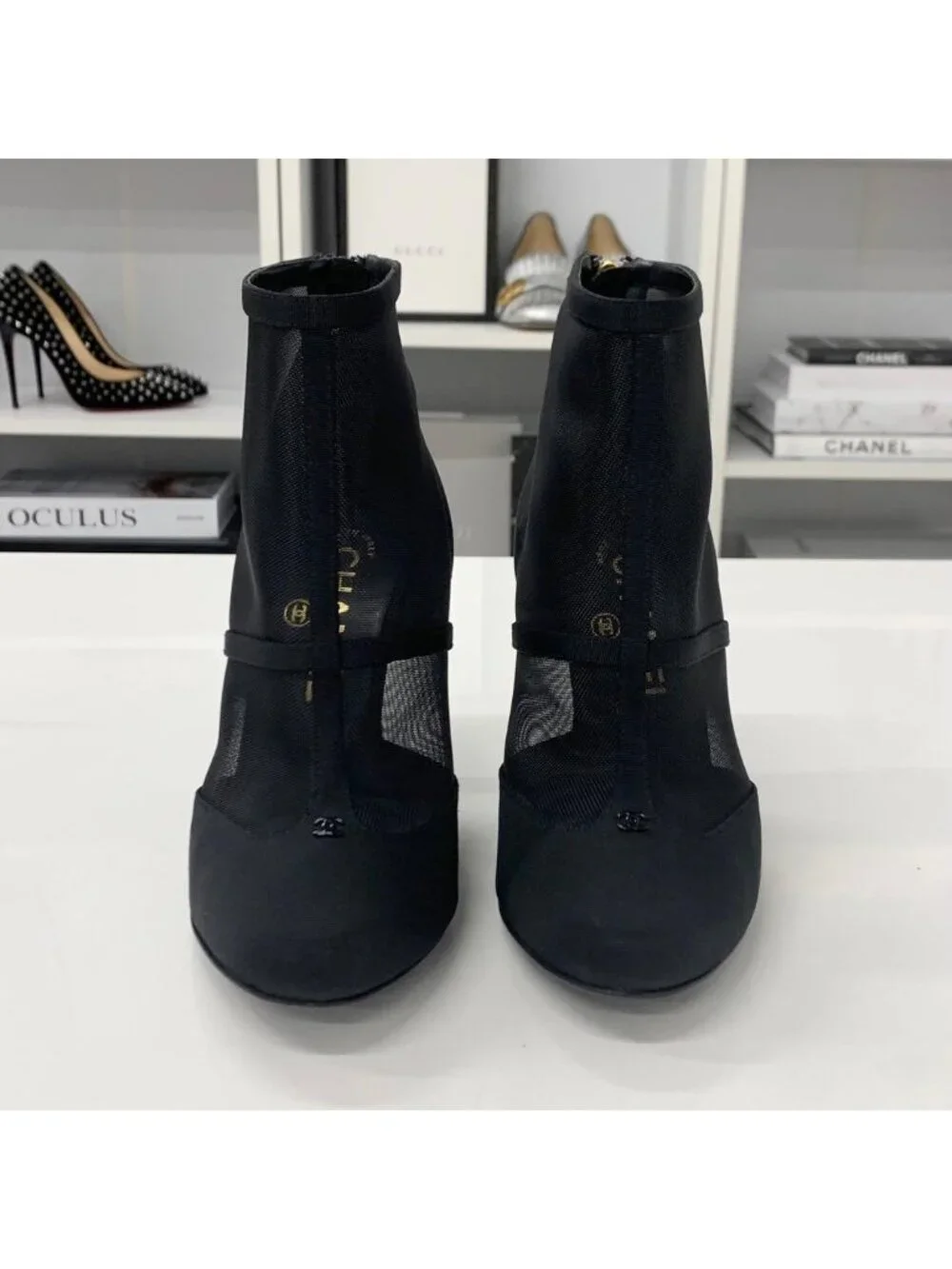 Chanel Mesh Fabric Coco Mark Short Boots Black